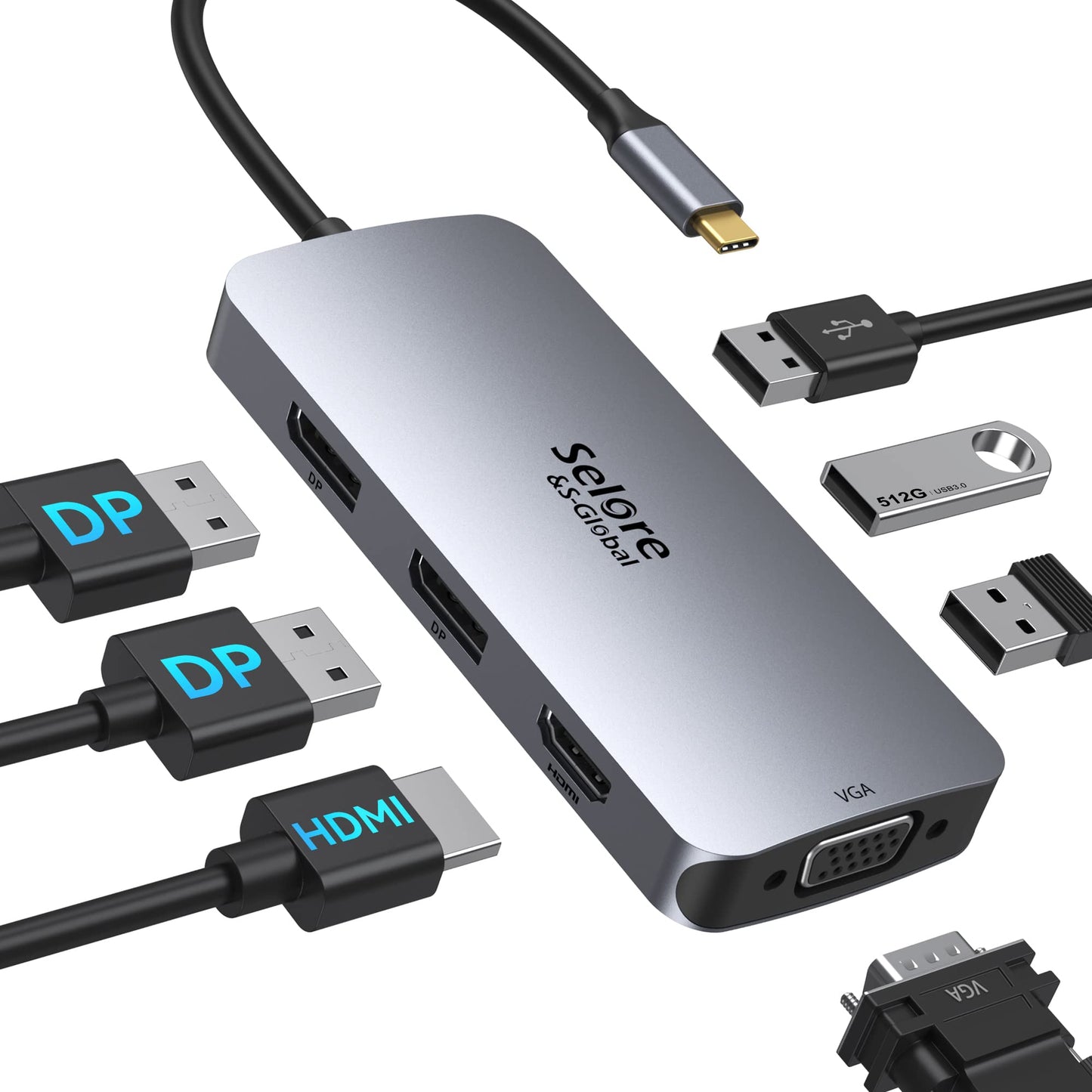 USB C Docking Station Dual Monitor Adapter for Dell HP Laptop Docking Station 3 Monitors Quadruple Display USB C Hub Dongle to 4K DP+HDMI+VGA3 USB2.0 7 in 1 USB C Dock for LenovoSurface