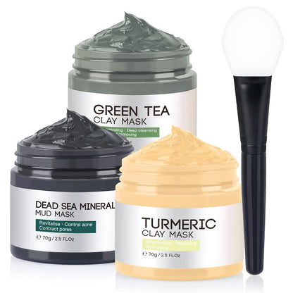 IIIMEIDU Face Masks Skincare Turmeric Vitamin C Clay Mask Green Tea Mask Dead Sea Mud Mask Face Mask Skin Care for Deep Cleansing Women Skin Anti Aging 2.5 FL Oz Each