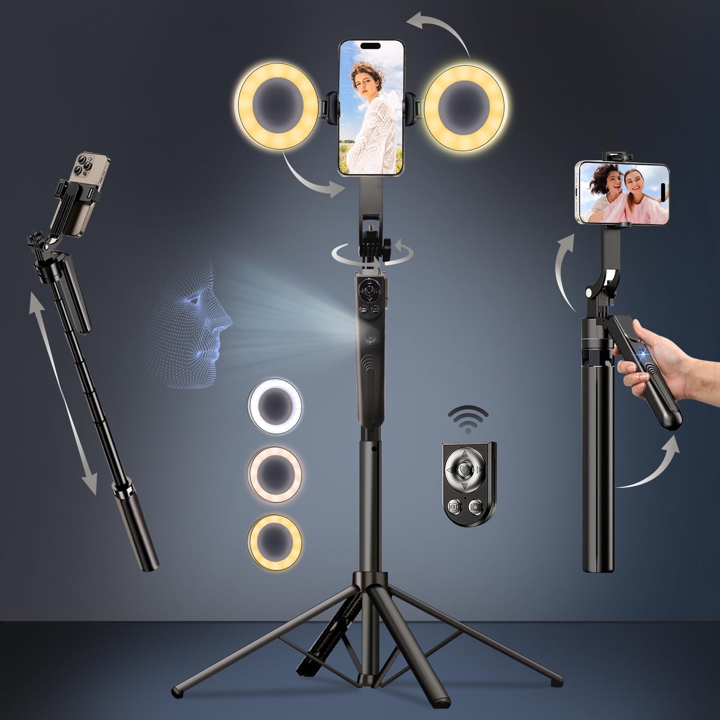 Auto Face Tracking Tripod for iPhone360° Rotation 4In1 Phone Tripod with Fill Light70" Extendable Smart Shooting Camera Mount with Selfie Light and Remote for Gesture ControlNo Need Application