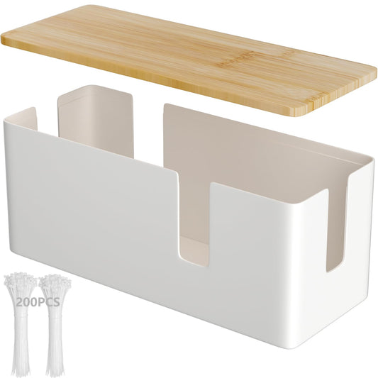 Cable Management Box-Cable Organizer Box with 200 Cable Ties12x5x4.7inchesWood LidWire Box OrganizerCord Organizer for DeskPower StripsTV Computer Wires Cable Hider Organizer Box for Home Office