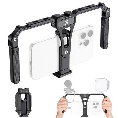 K&F Concept Smartphone Video Rig with Dual Handles Foldable Aluminum Video Stabilizer Phone Video Rig Compatible for iPhoneSamsung Huawei Cellphone1/4-inch Screw Ports for Fill Light Microphone